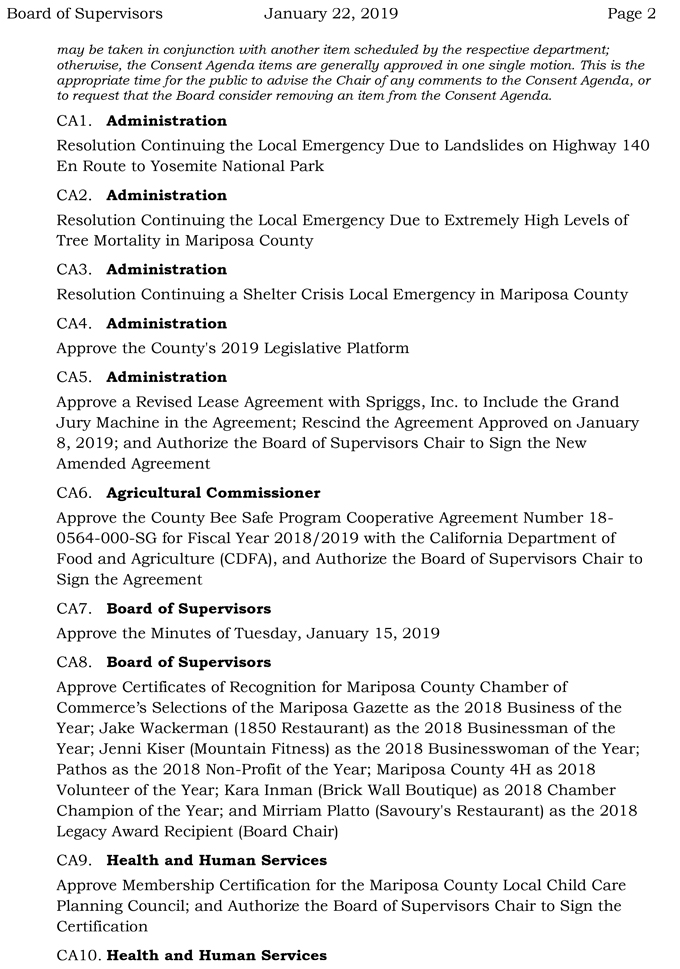 2019 01 22 mariposa county Board of Supervisors agenda january 22 2019 2