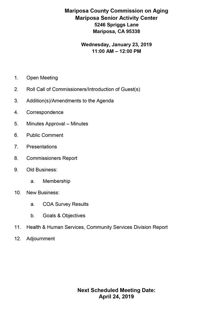 Jan 23 2019 mariposa county Agenda Commission on Aging january 23 2019