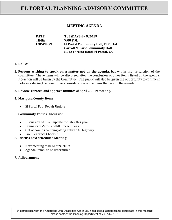 2019 07 09 El Portal Planning Advisory Committee agenda