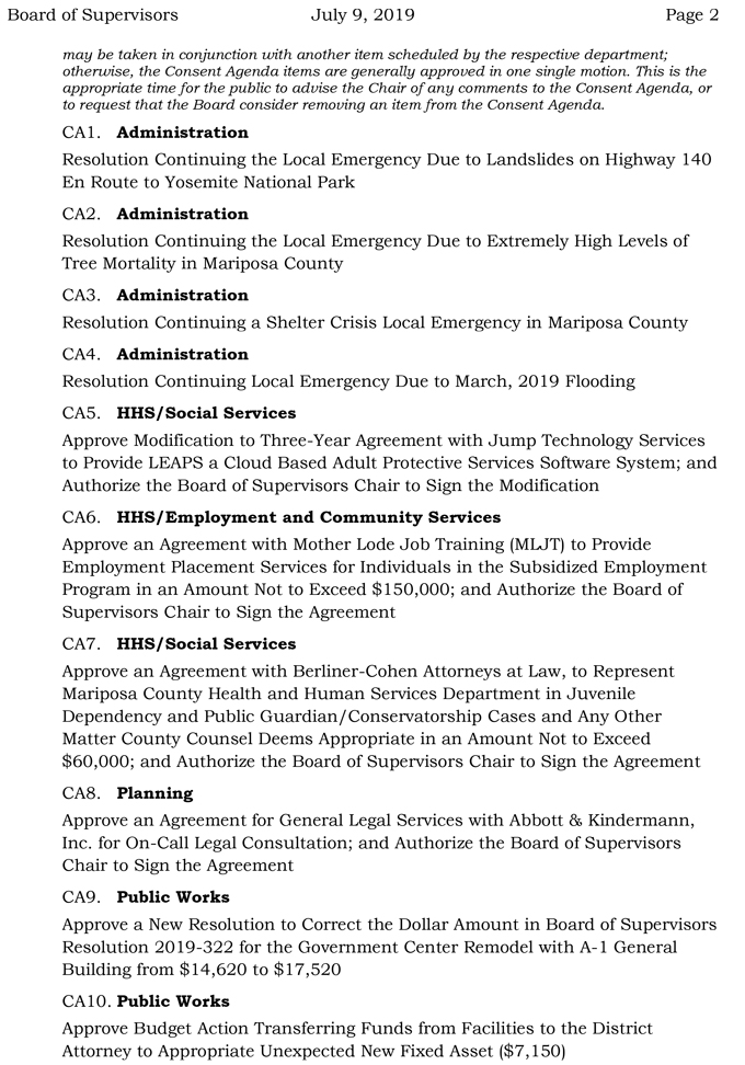 2019 07 09 mariposa county Board of Supervisors agenda 2