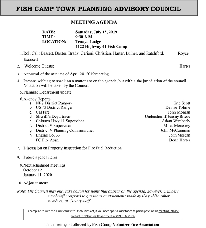 2019 07 13 Fish Camp Town Planning Advisory Council agenda