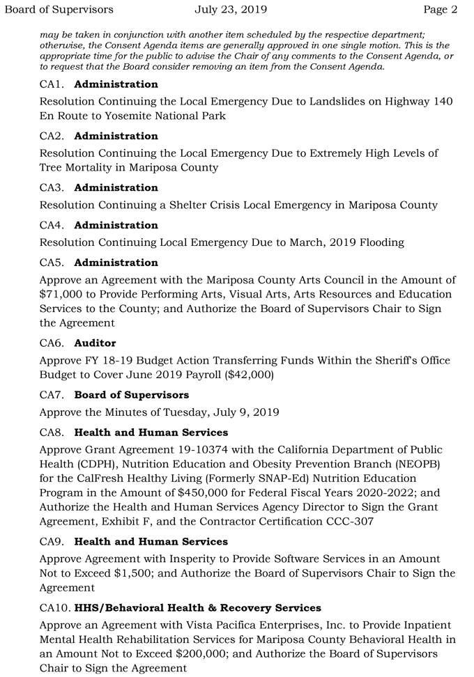 2019 07 23 mariposa county Board of Supervisors agenda 2