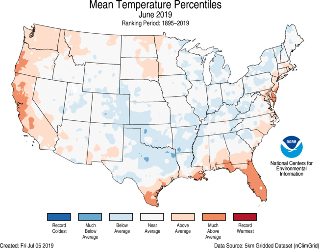 June 2019 US Average Temperature Percentiles Map