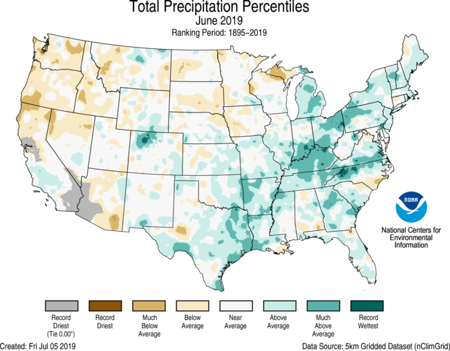 June 2019 US Total Precipitation Percentiles Map