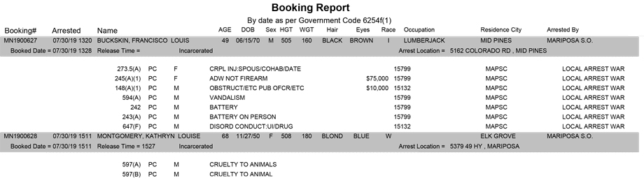 mariposa county booking report for july 30 2019