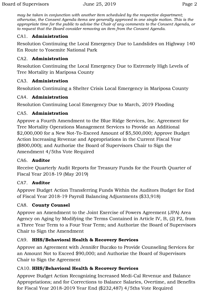 2019 06 25 mariposa Board of Supervisors Public Agenda 2