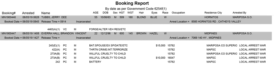mariposa county booking report for june 5 2019