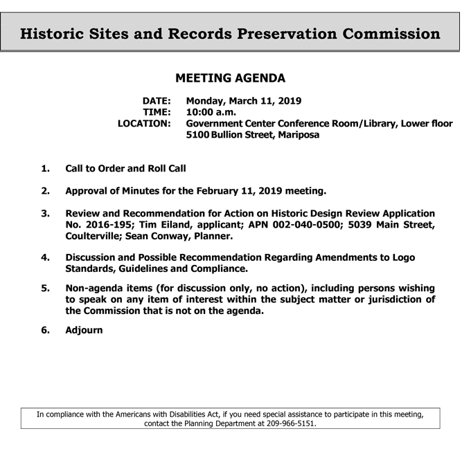 2019 03 11 mariposa county Historic Sites and Records Preservation Commission Agenda march 11 2019