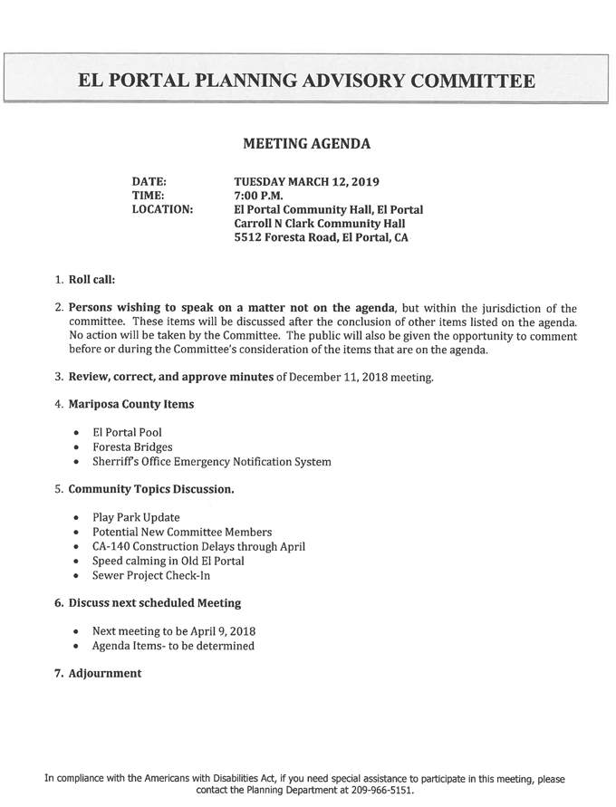 2019 03 12 mariposa county El Portal Planning Advisory Committee agenda march 12 2019