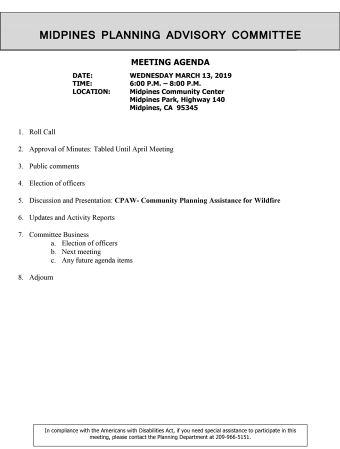 2019 03 13 mariposa county Midpines Planning Advisory Committee agenda march 13 2019