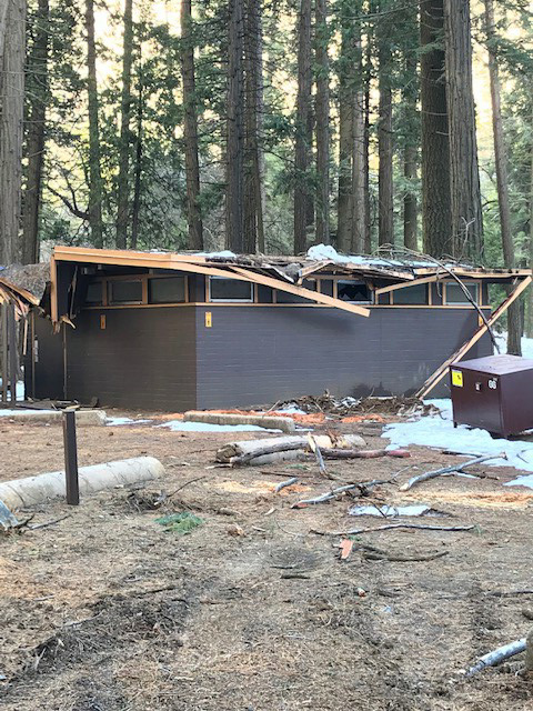 Yosemite NPS Photo Damaged Restroom Building in Upper Pines Campground