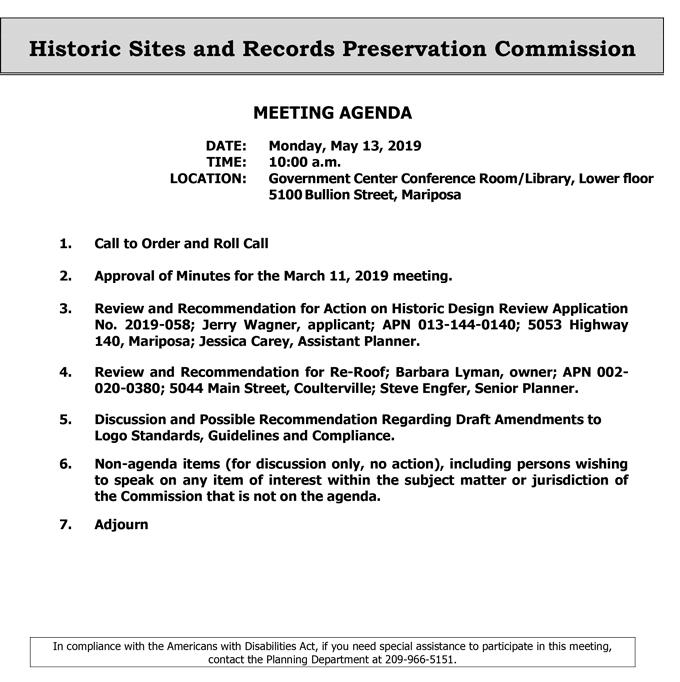 2019 05 13 Historic Sites and Records Preservation Commission Public Agenda