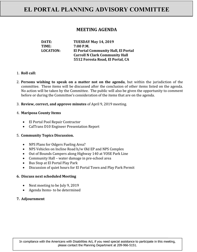 2019 05 14 El Portal Planning Advisory Committee Public Agenda