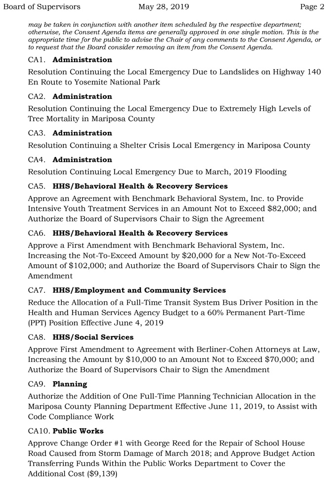 2019 05 28 mariposa county Board of Supervisors Public Agenda 2