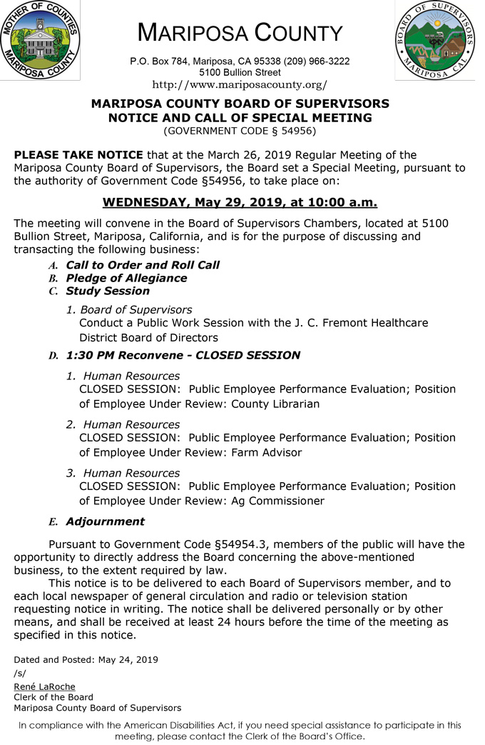 2019 05 29 Board of Supervisors Public Agenda