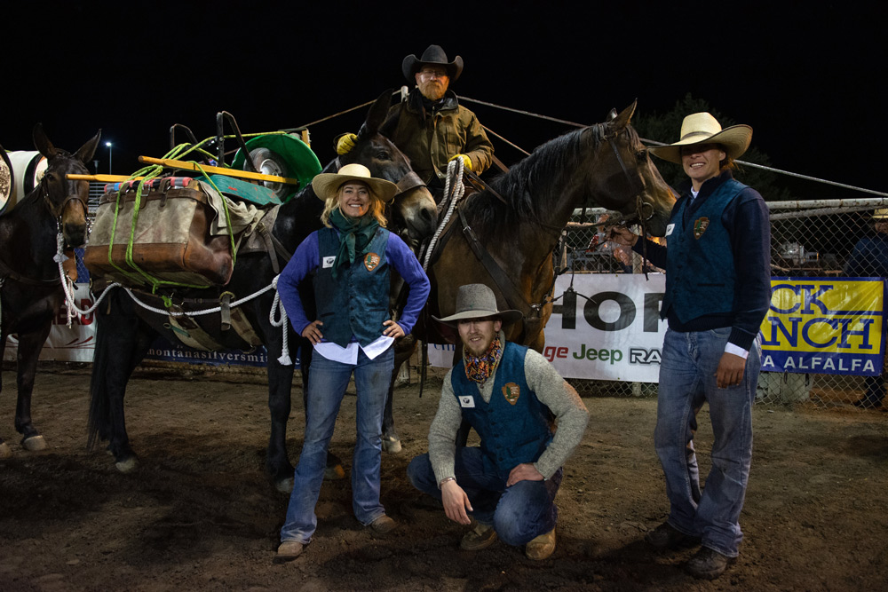 NPS Bishop Mule Days Photo Yosemite Packers Left to Right Justin Foust on horseback Liz Vanden Toorn Joe Webb and Aida Pereira Bishop Mule Days May 26 2019