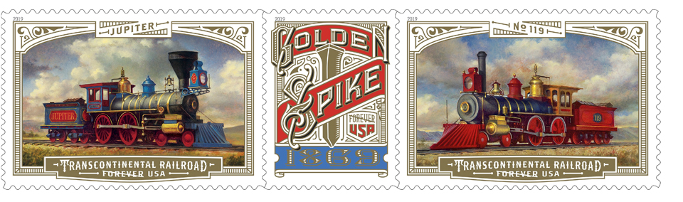 usps railroad stamps glimmering in gold