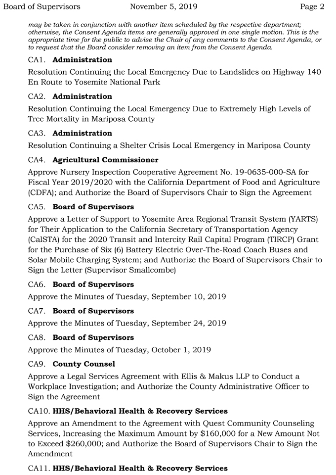 2019 11 05 Board of Supervisors agenda 2