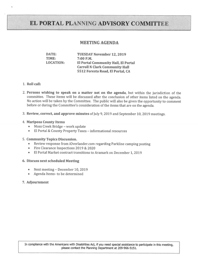2019 11 12 El Portal Planning Advisory Committee agenda