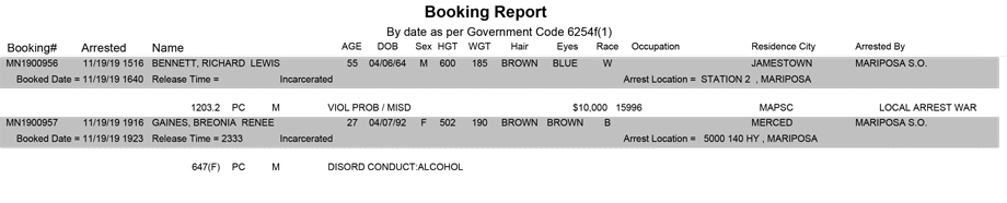mariposa county booking report for november 19 2019