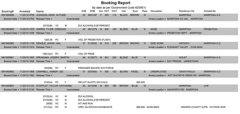 mariposa county booking report for november 20 2019