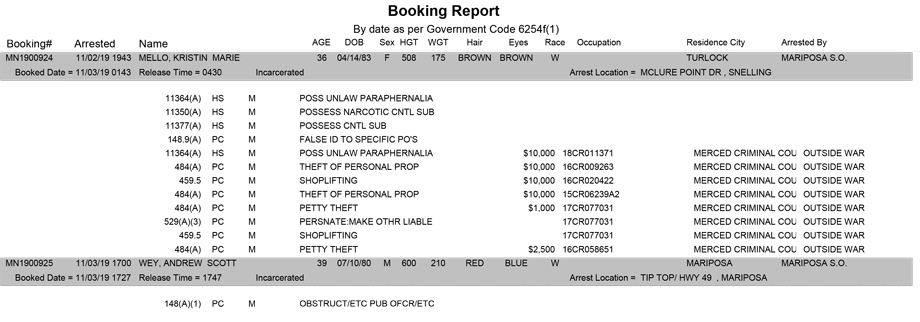 mariposa county booking report for november 3 2019