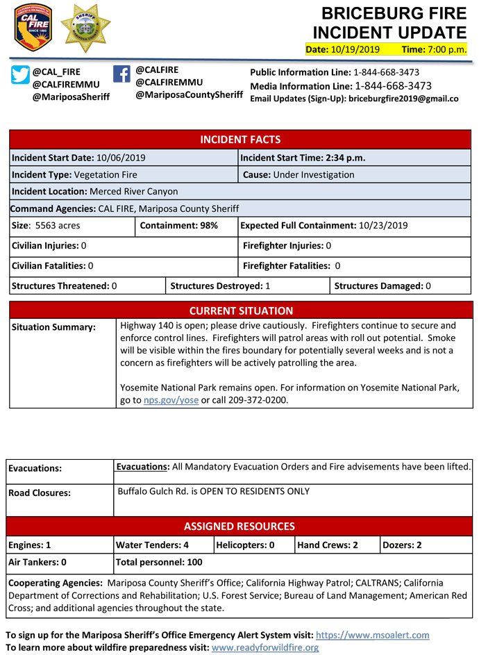 0 BRICEBURG FIRE UPDATE 10 19 2019 PM