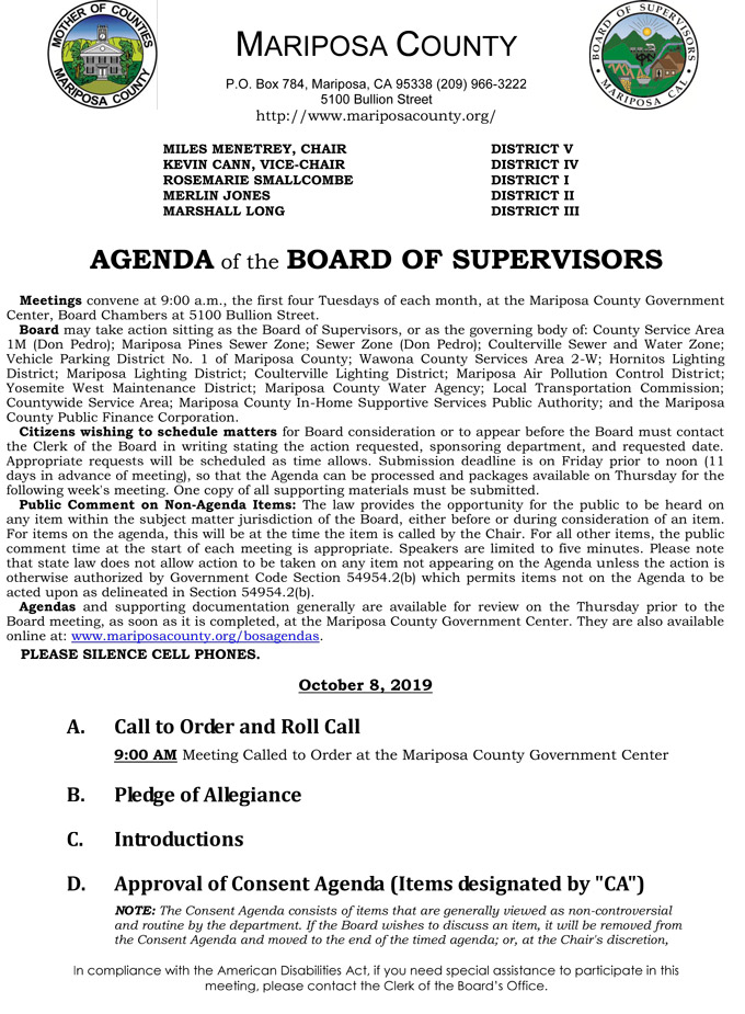 2019 10 08 Board of Supervisors agenda 1