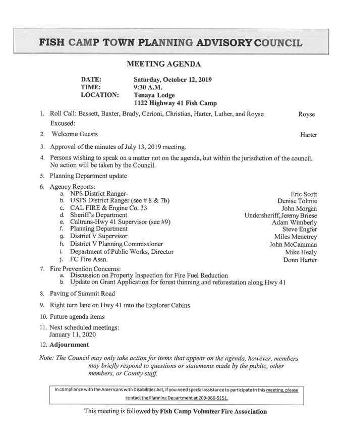 2019 10 12 Fish Camp Town Planning Advisory Council agenda