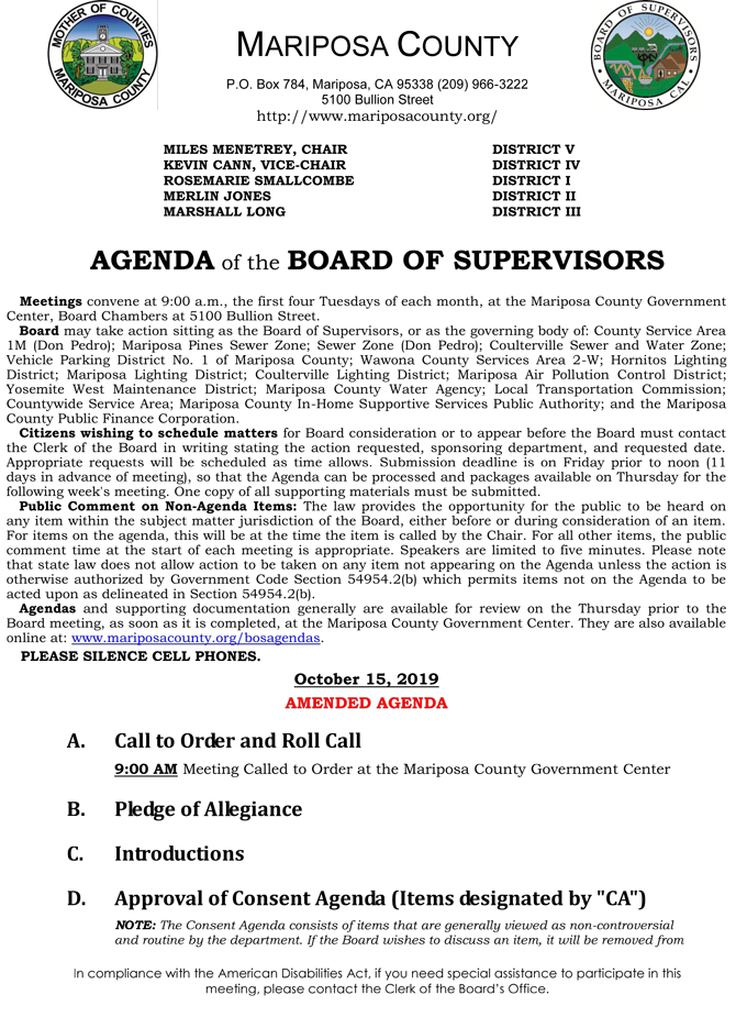 2019 10 15 Board of Supervisors agenda 1