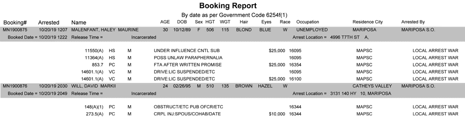 mariposa county booking report for october 20 2019