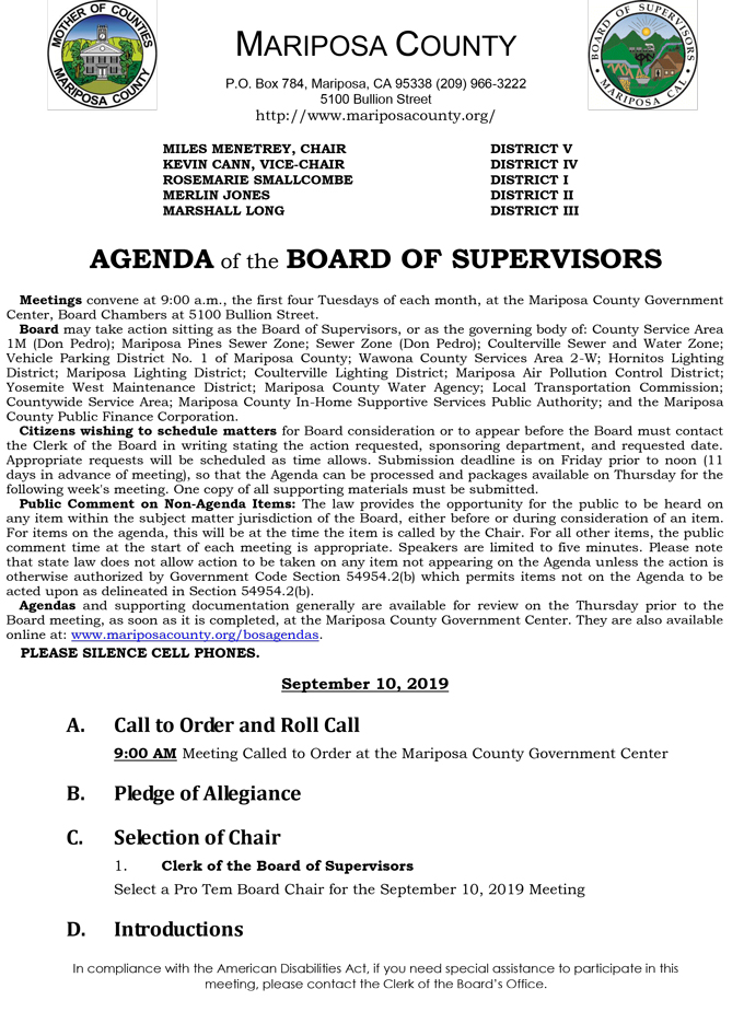 2019 09 10 Board of Supervisors agenda 1