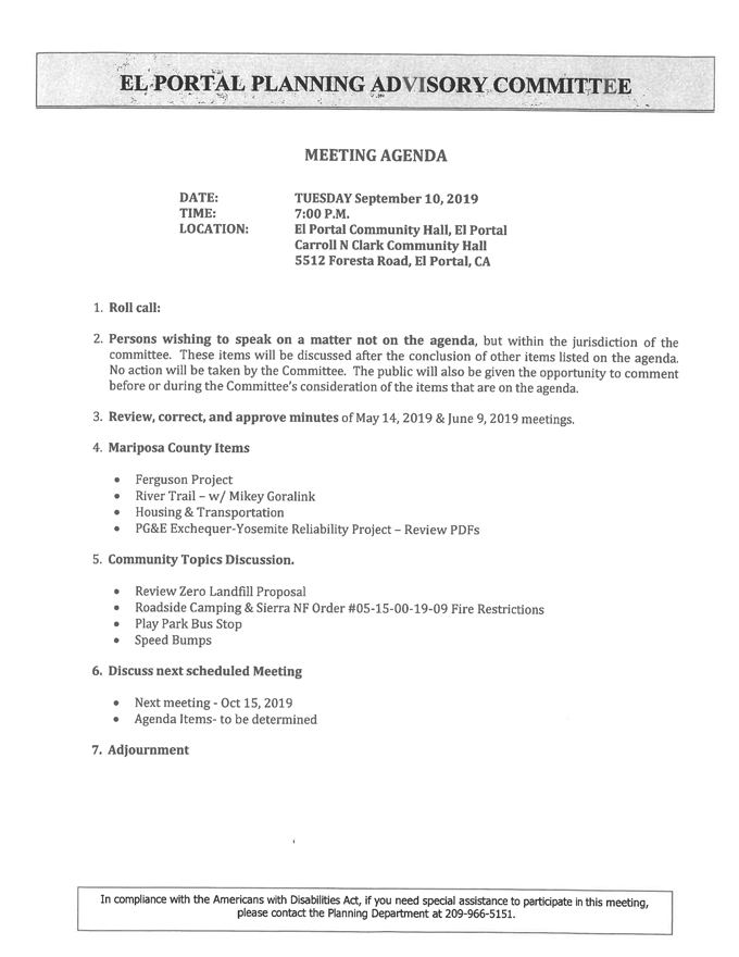 2019 09 10 El Portal Planning Advisory Committee agenda