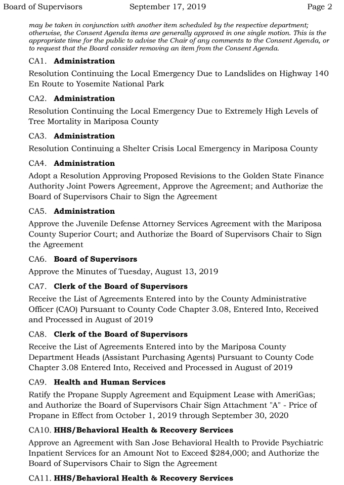 2019 09 17 mariposa county Board of Supervisors agenda 2