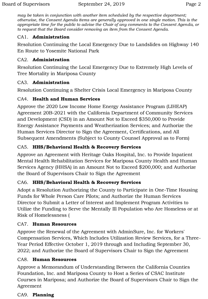 2019 09 24 mariposa county Board of Supervisors agenda 2