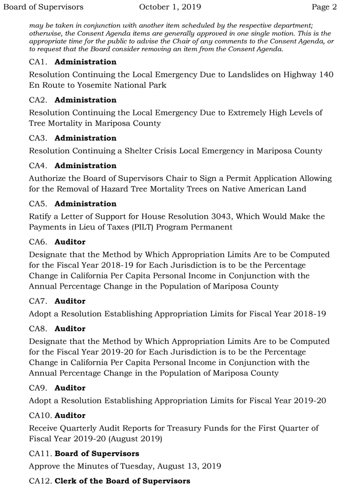 2019 10 01 mariposa county Board of Supervisors agenda 2