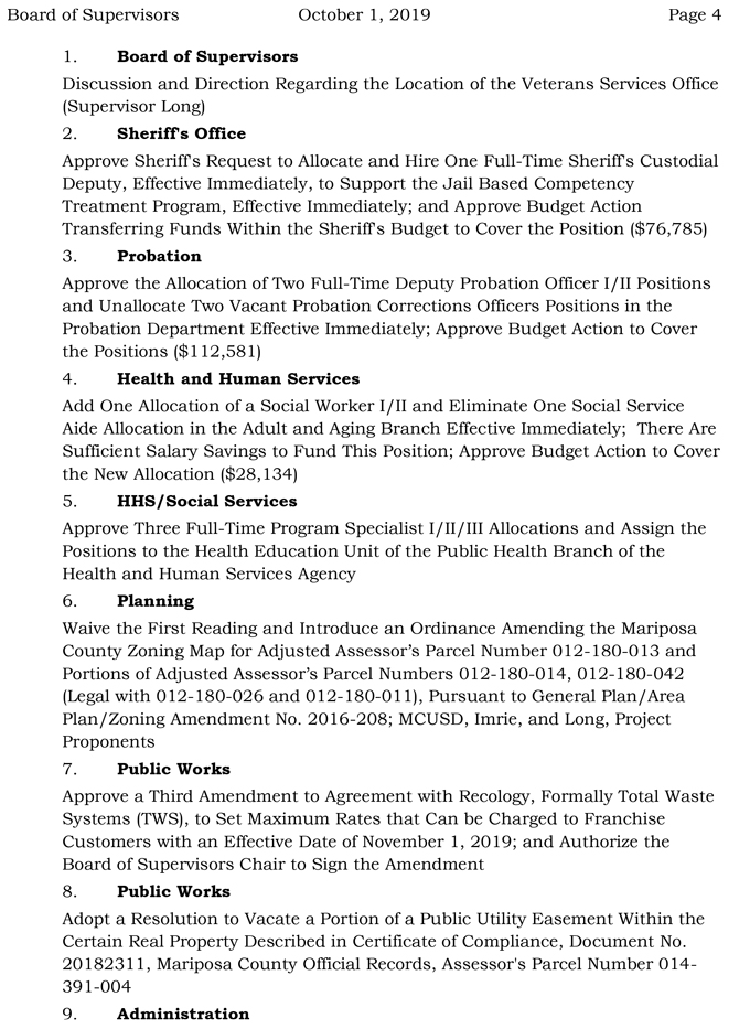 2019 10 01 mariposa county Board of Supervisors agenda 4