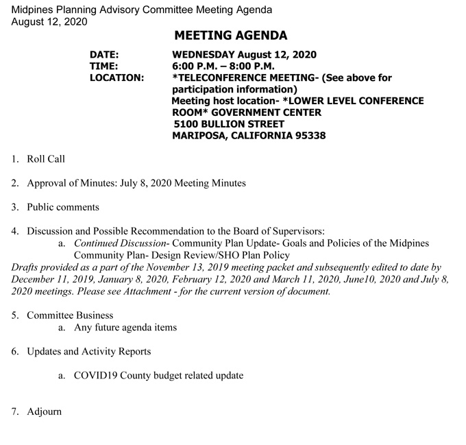 2020 08 12 Midpines Planning Advisory Committee agenda 2