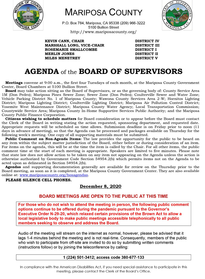 Mariposa County Board of Supervisors Meeting Agenda for Tuesday, December 8, 2020 Agenda Items