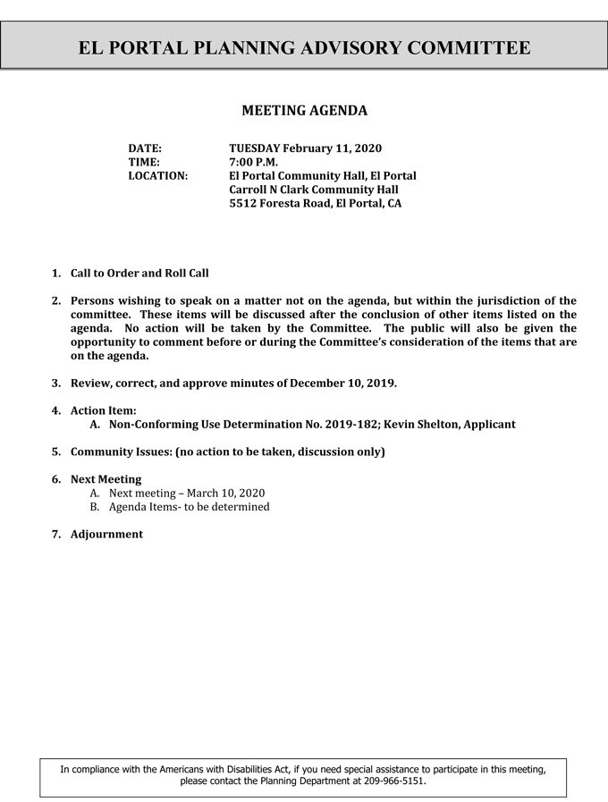 2020 02 11 El Portal Planning Advisory Committee agenda
