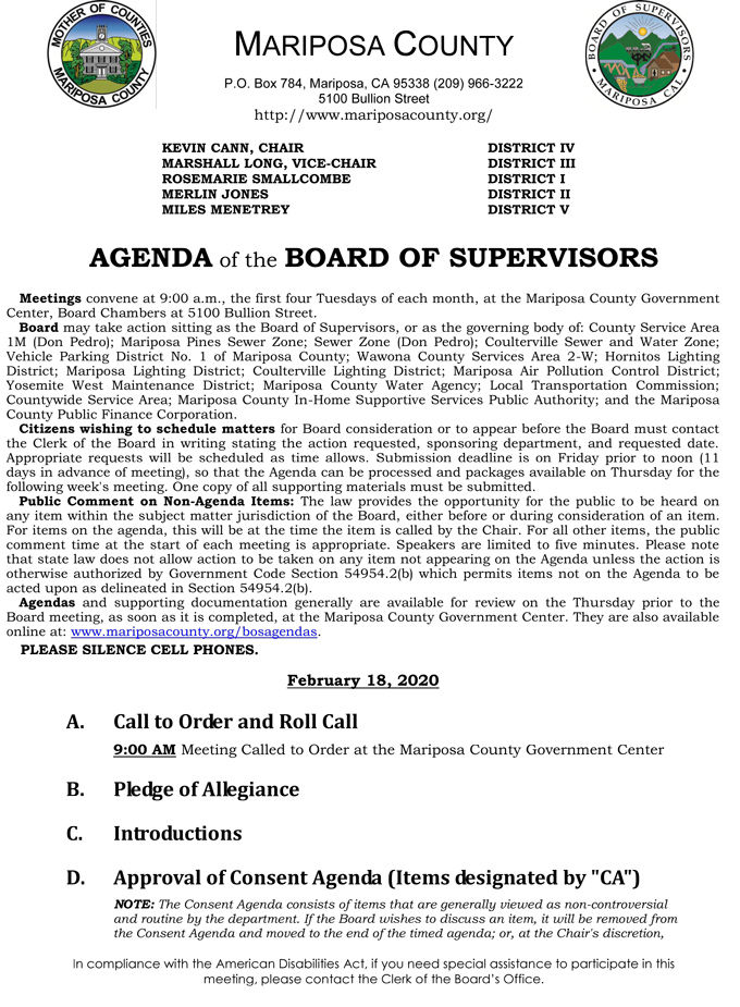 2020 02 18 Board of Supervisors agenda 1