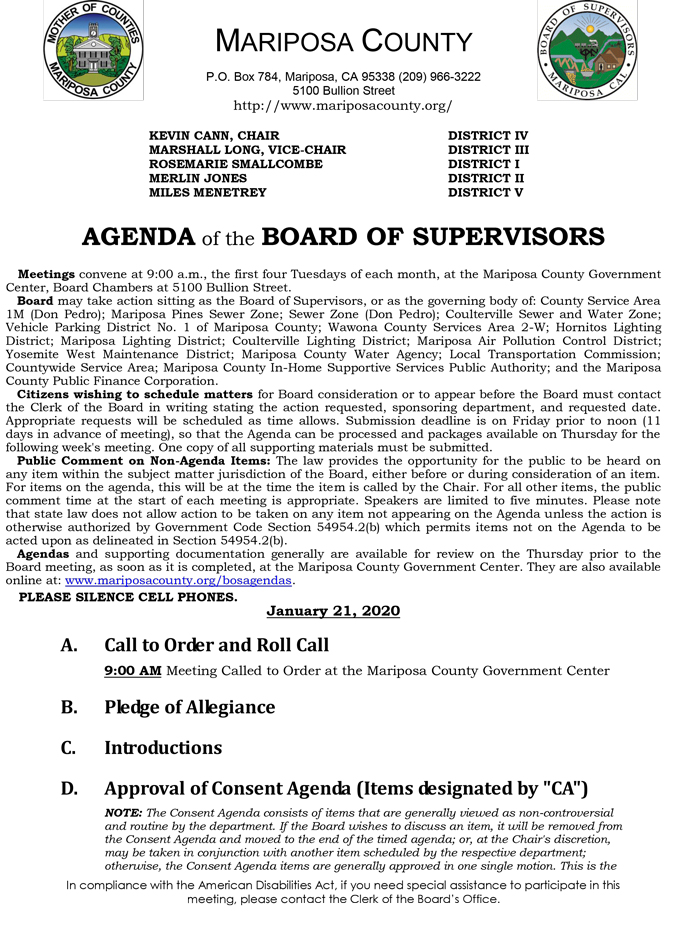 2020 01 21 Board of Supervisors agenda 1