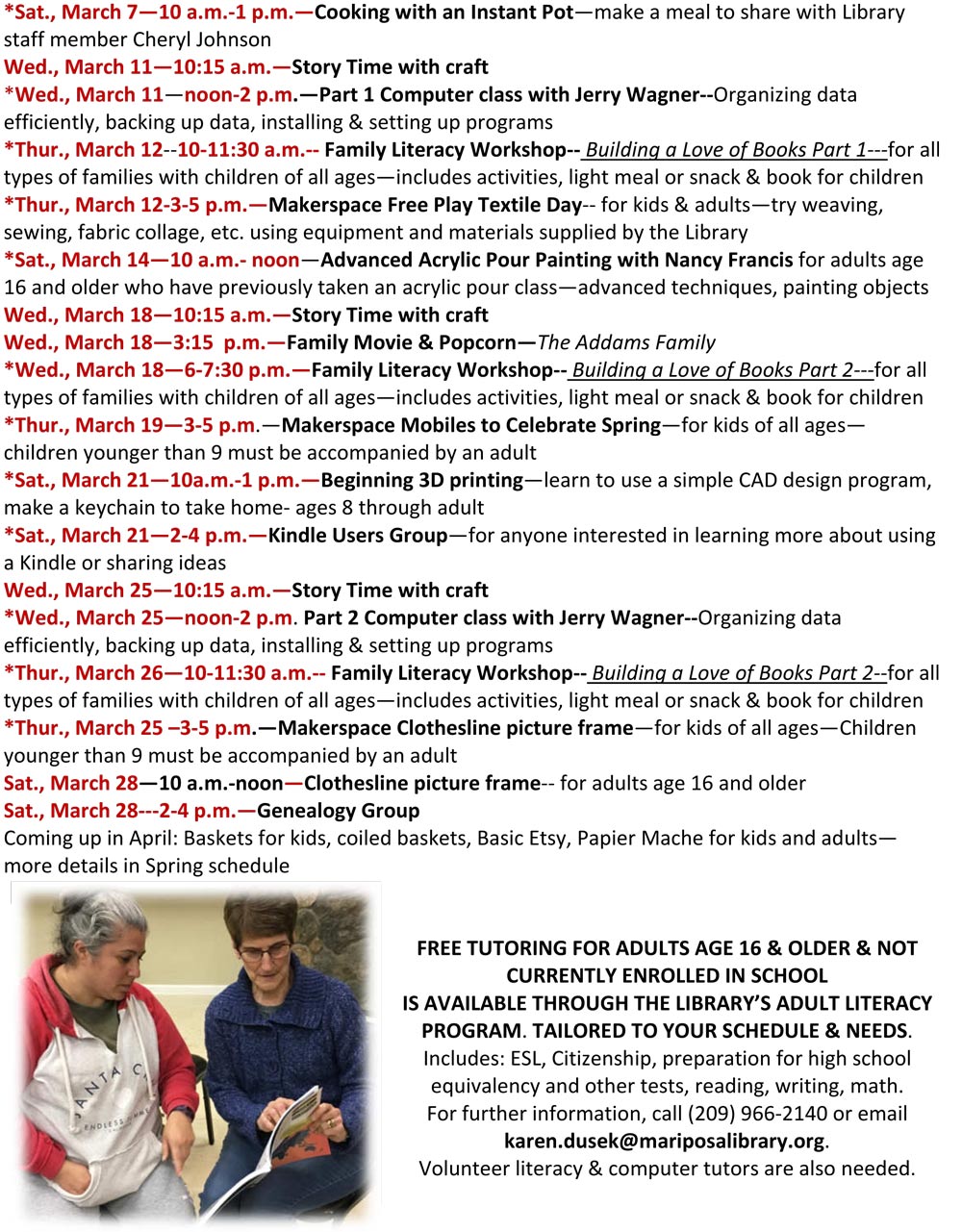 Mariposa Library Winter Schedule 3