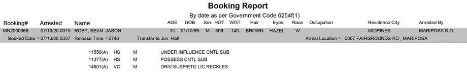 mariposa county booking report for july 13 2020