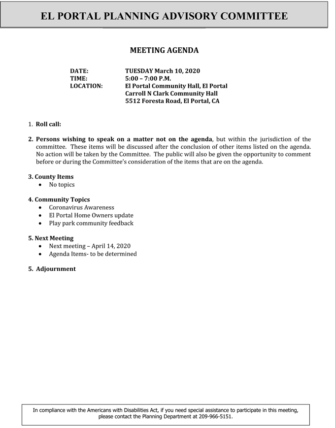 2020 03 10 El Portal Planning Advisory Committee agenda