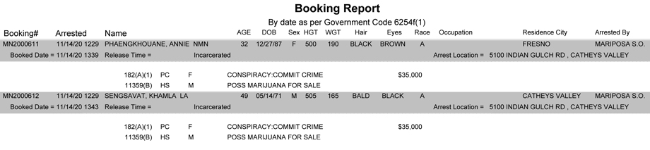 mariposa county booking report for november 14 2020