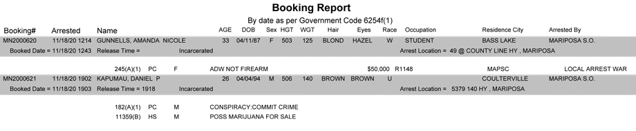 mariposa county booking report for november 18 2020