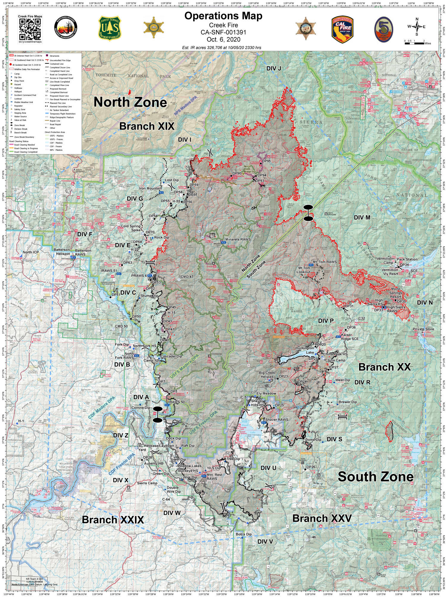 Sierra National Forest Creek Fire Operations Map For Tuesday, October 6 