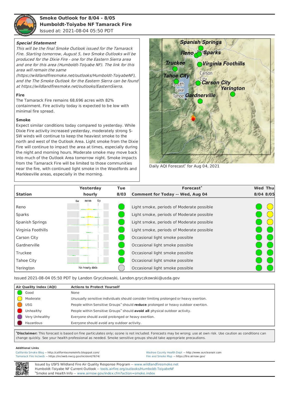 Smoke/Air Quality Outlook for the Tamarack Fire in Alpine County for 