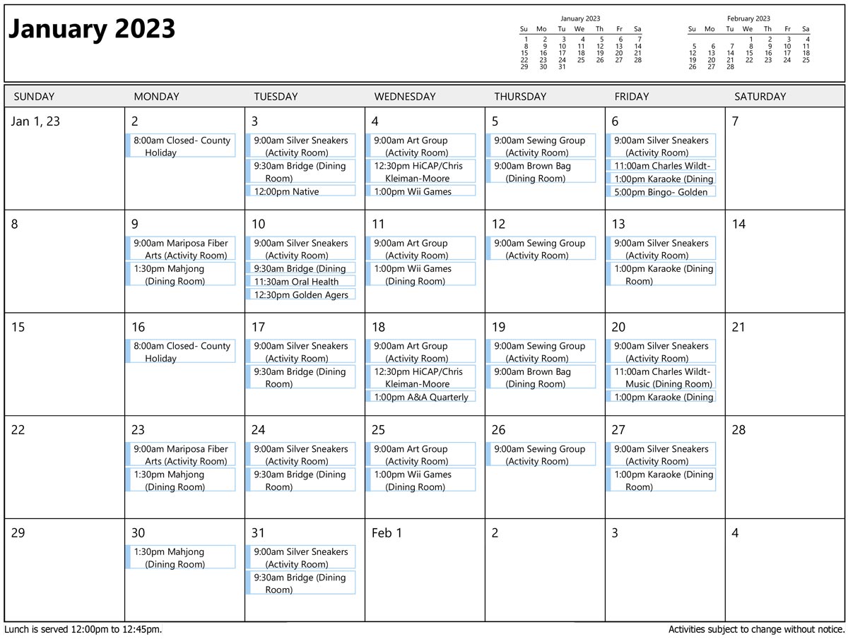 Mariposa County Senior Menu & Activities for January 2023